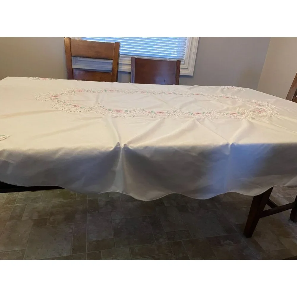 Vintage Cross Stitch Tablecloth Used Beige Mauve Green Pink